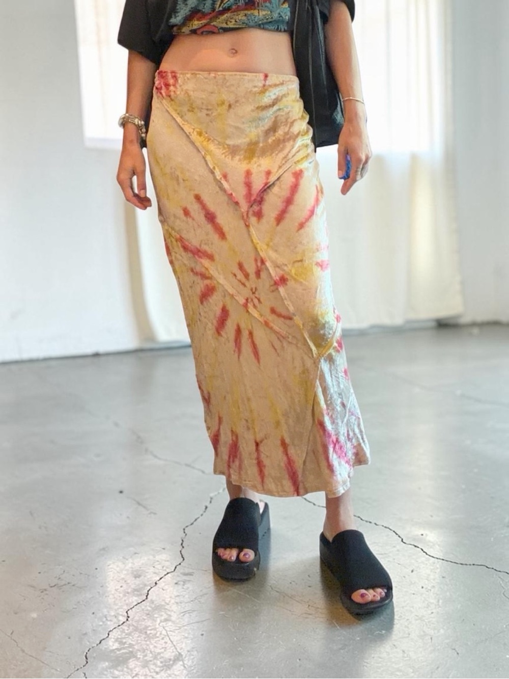 Free People Velvet Yellow Tie-Dye Midi Skirt with Pink Accents